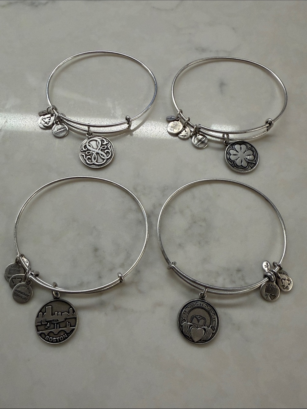 Alex & Ani Silver Charm Bangle Bracelet set of 4 - Boston, Celtic style 2013
